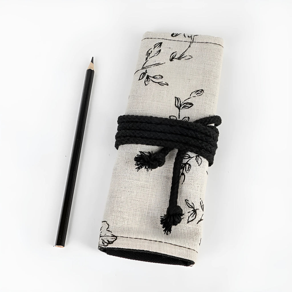 Black peony printed canvas pencil roll bag with 24 or 72 holes for pencil organisation