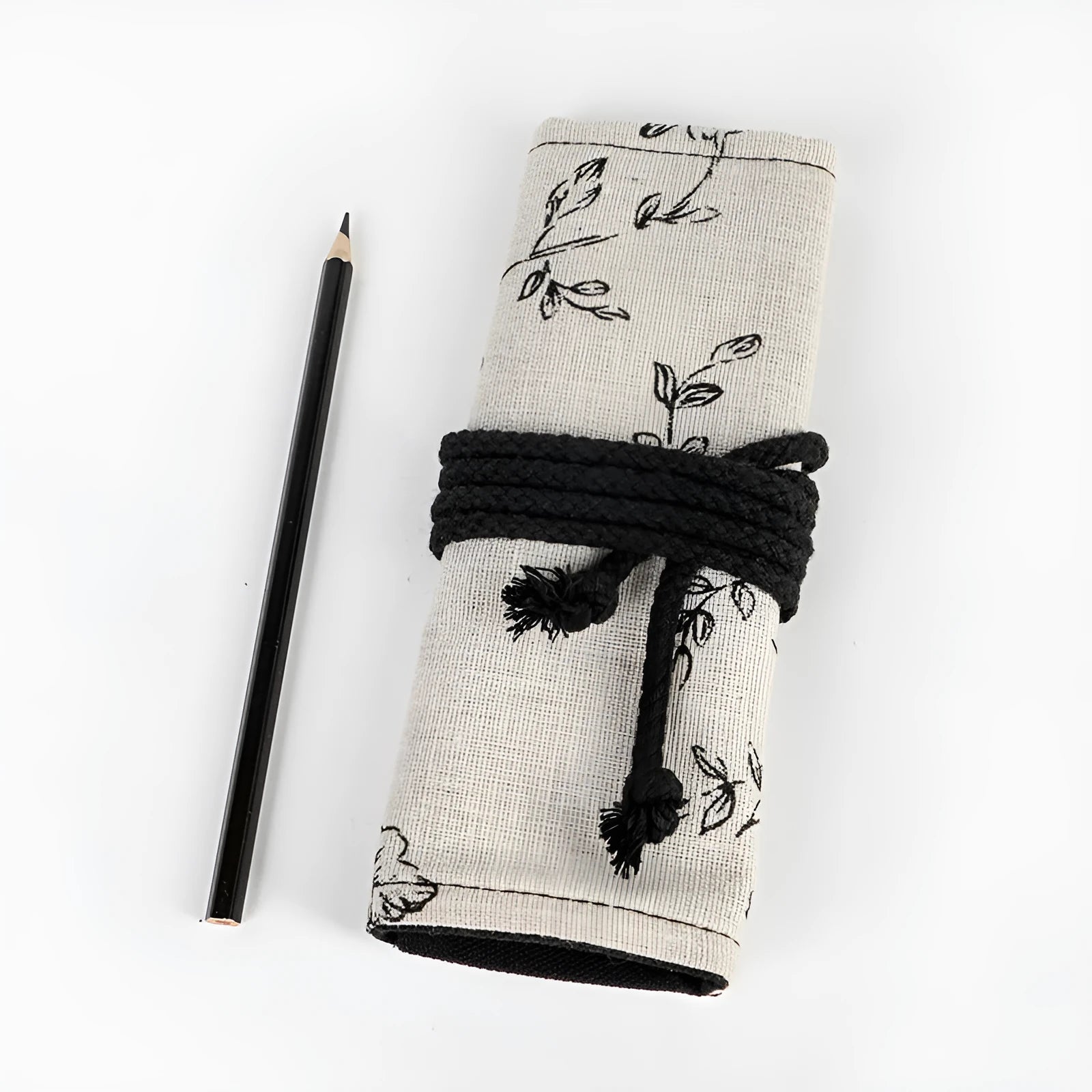Black peony printed canvas pencil roll bag with 24 or 72 holes for pencil organisation
