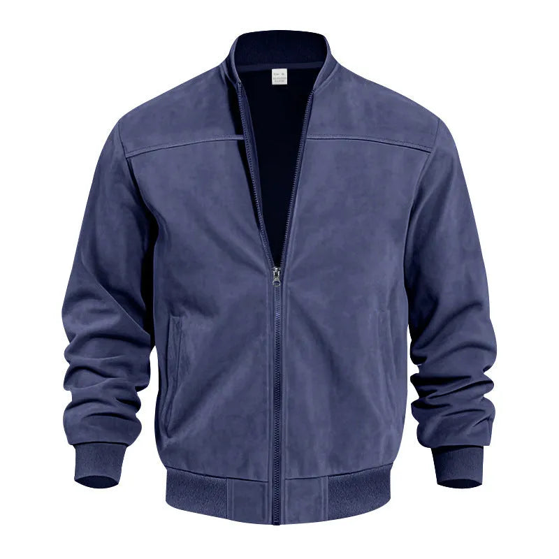 Men's plus size casual suede jacket in polyester with cotton lining and zipper closure