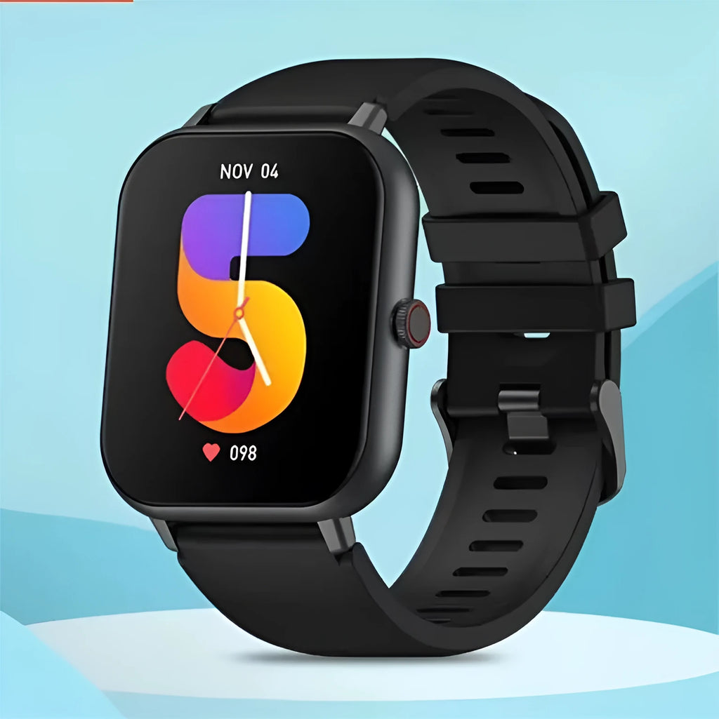 Bluetooth smart watch in black showing TFT screen with heart rate and step count display.