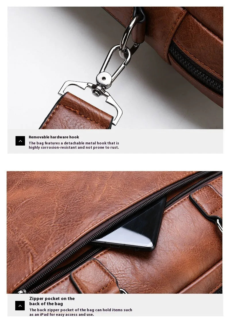 Men's PU laptop briefcase with double pocket design, solid colour, crossbody business travel bag