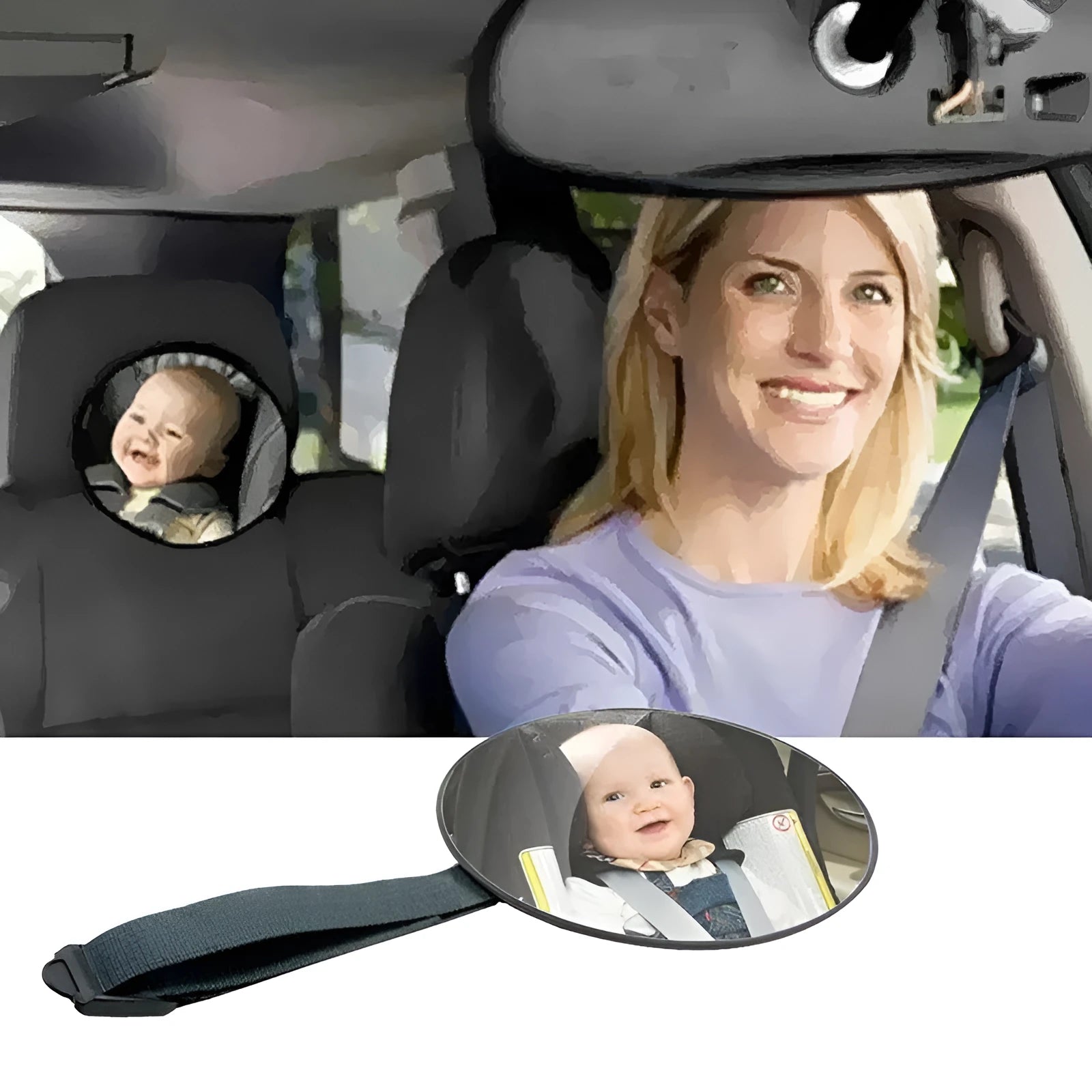 Black baby safety seat rearview mirror with 17cm circular glass mounted on square ABS chassis