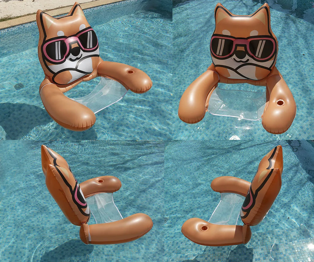 Inflatable water hammock with net seat in animal style, yellow puppy design, 160x90cm size for pool use
