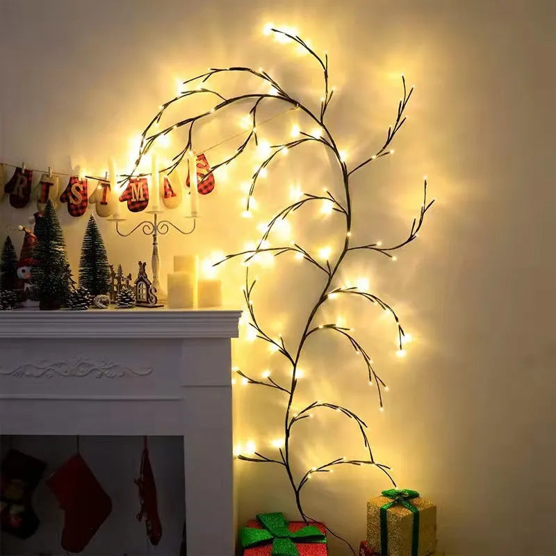 Flexible birch texture LED vine light garland with warm white lights draped along wall