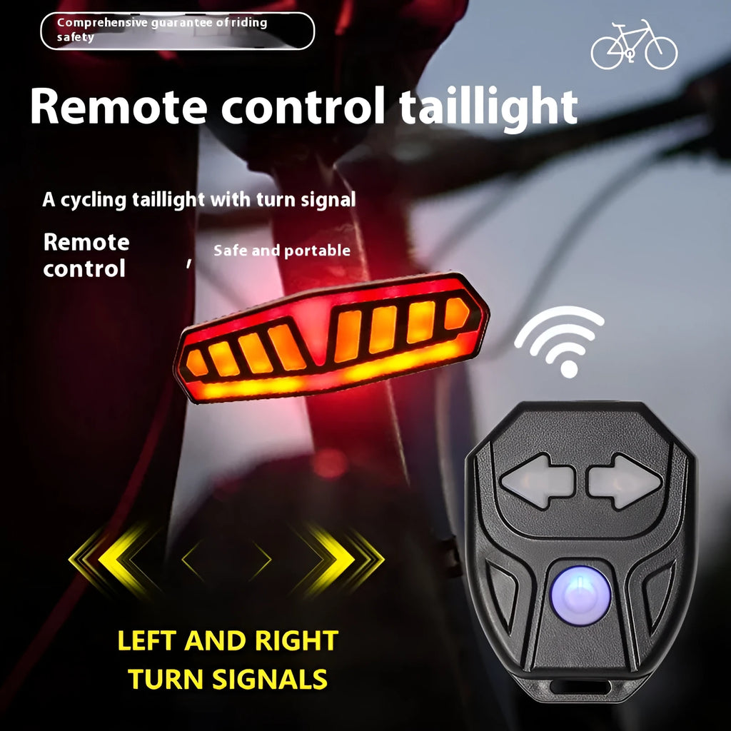 Wireless remote control waterproof bicycle taillight with turn signals on a bike seat post.