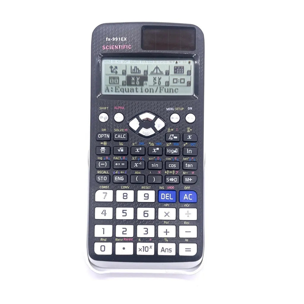 991EX scientific calculator in black, blue, and pink colours showing solar panel and keypad.