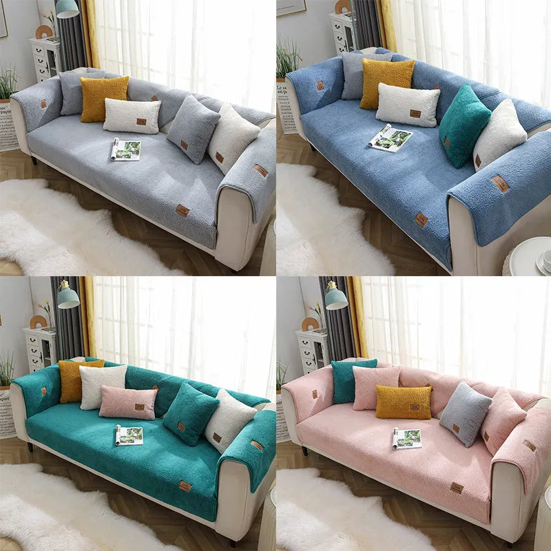 LELLEN beige plush sofa cover with anti-slip silicon rubber backing on a modern grey sofa