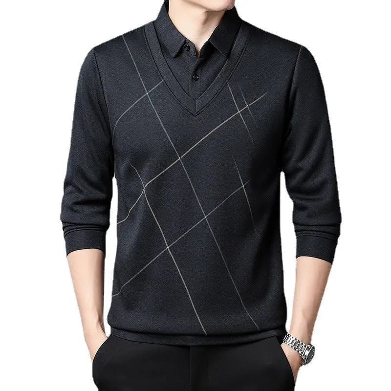 Men's long sleeve fake two pieces t-shirt in plaid pattern, regular fit, available in gray, blue, and purplish red.