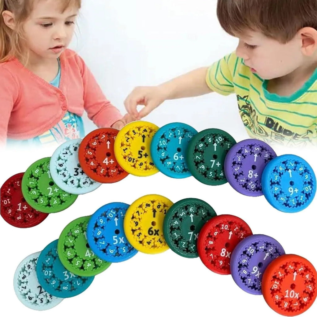 Nine plastic math fidget spinners in two colour sets for addition subtraction and multiplication division