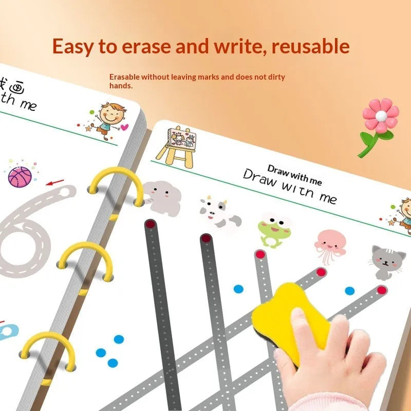 Children's erasable pen control training set with paper pages for ages 3-6, showing tracing and drawing stages.