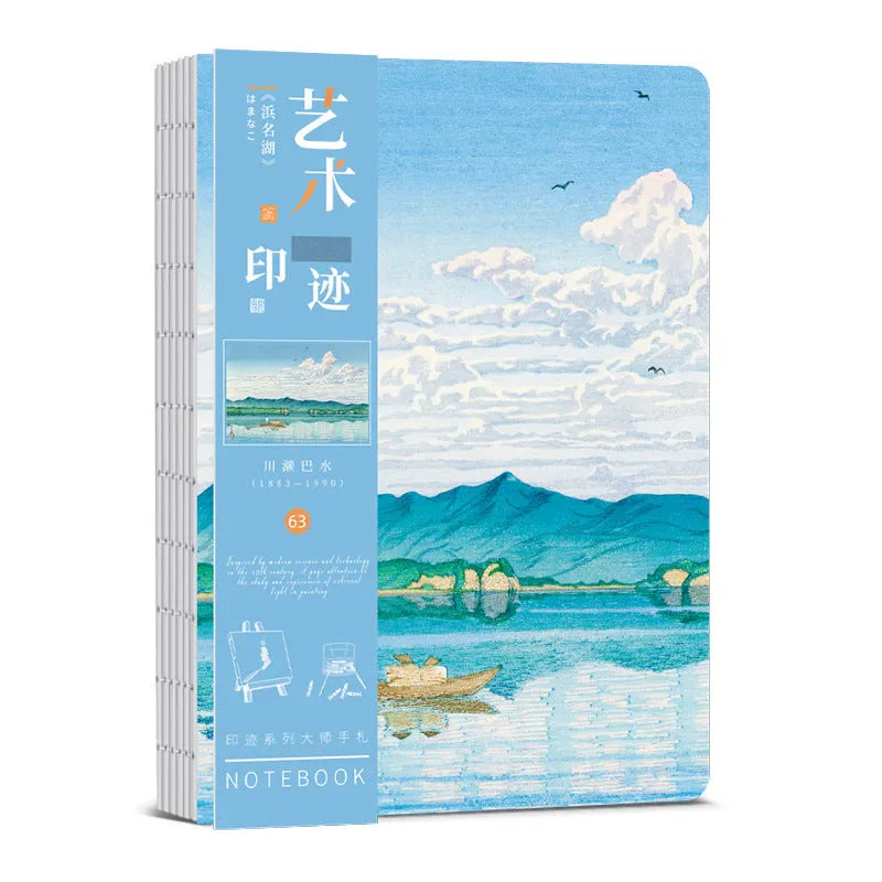 Ukiyo-e art hand ledger notebook open showing retro Japanese wave print cover and lined Daolin paper pages.