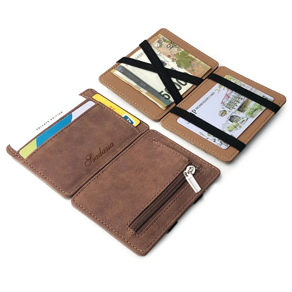 Korean style matte leather magic wallet in horizontal square shape with coin pocket.