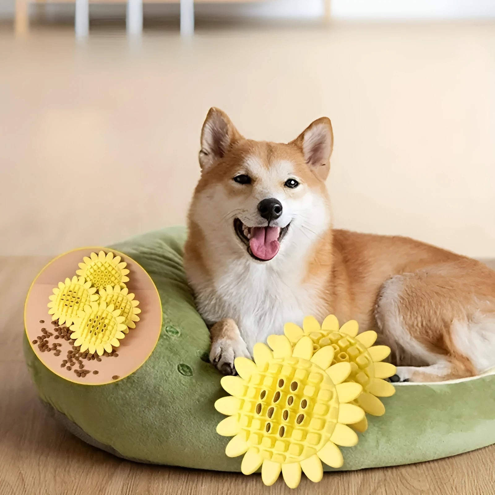 Yellow rubber sunflower-shaped dog chew toy for puppies with textured petals