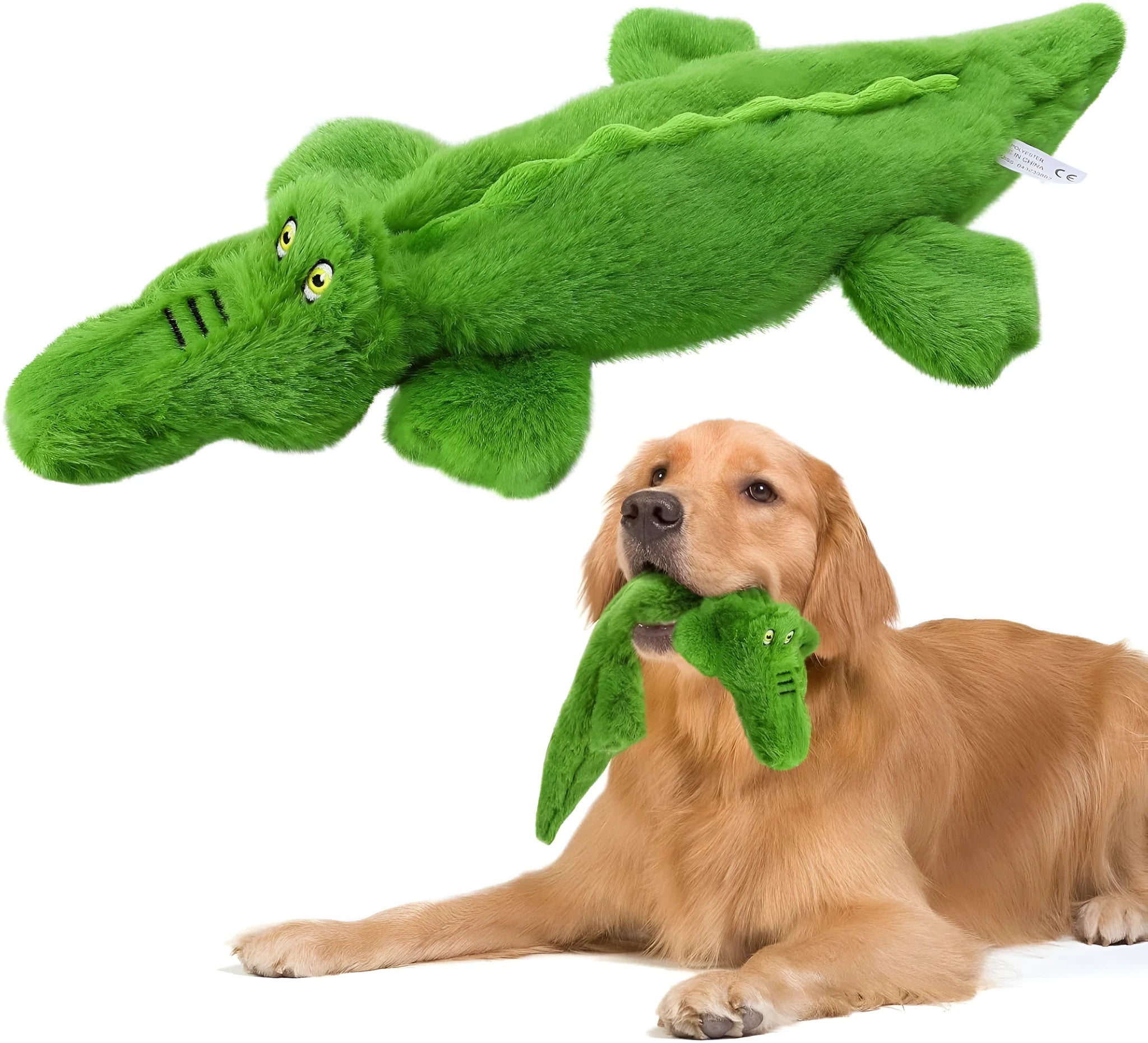 Green crocodile-shaped plush dog toy with a squeaker and crinkle tail for aggressive chewers.