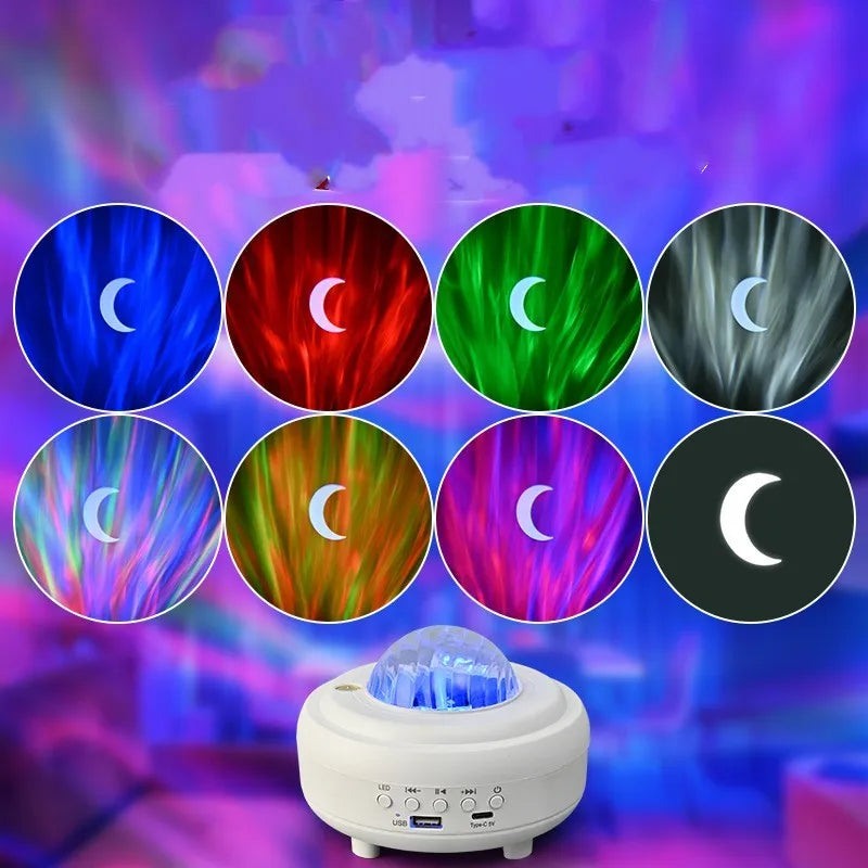 White Galaxy Star Projector Night Light on a table projecting blue starry sky onto a ceiling.