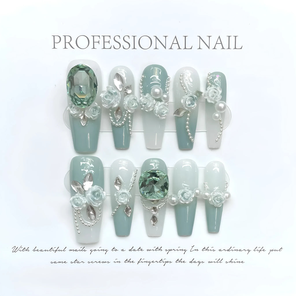 Camellia gradient nail art armour with diamond chains and bow butterfly design in sizes XS S M L