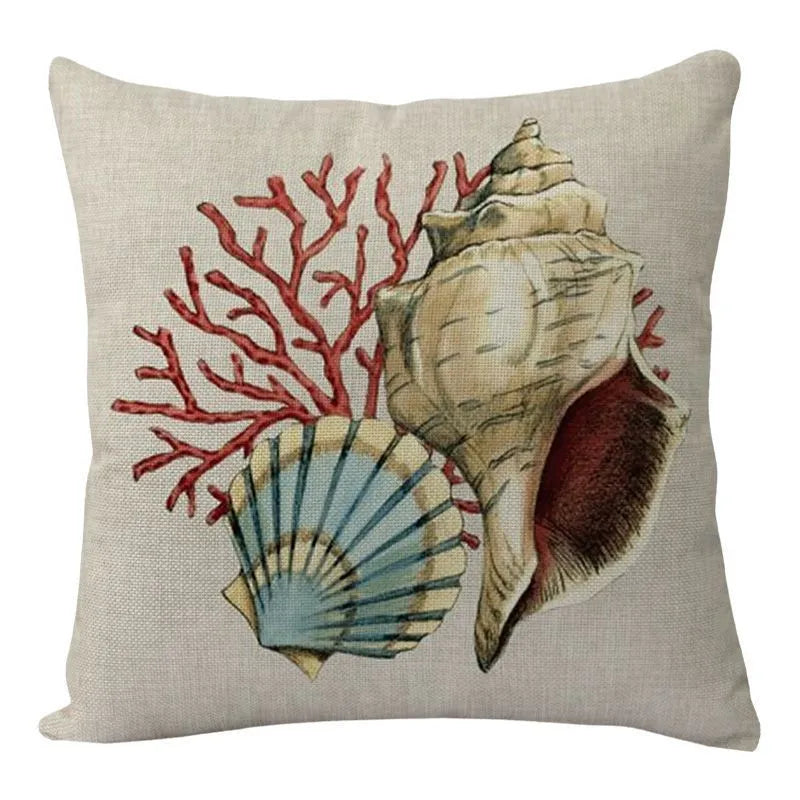 Linen cushion cover with detailed sea turtle print, measuring 45x45cm, on a sofa.