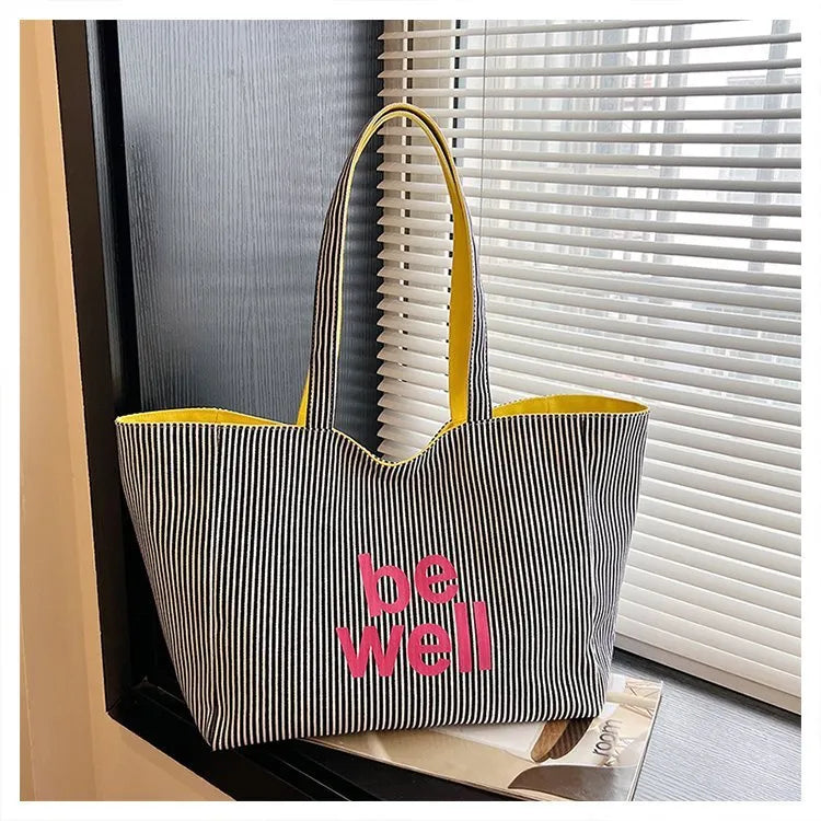Large capacity double-sided striped canvas tote bag in striped blue, soft horizontal square shape