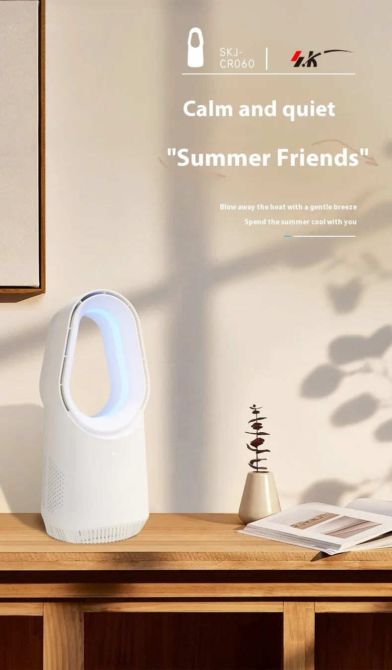 SK white bladeless tower fan with remote control on a wooden floor next to a desk.