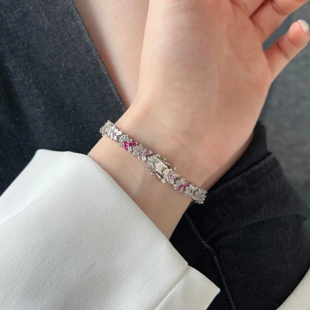 S925 sterling silver women's bracelet with geometric round and ring elements, platinum finish, 16-18cm length options