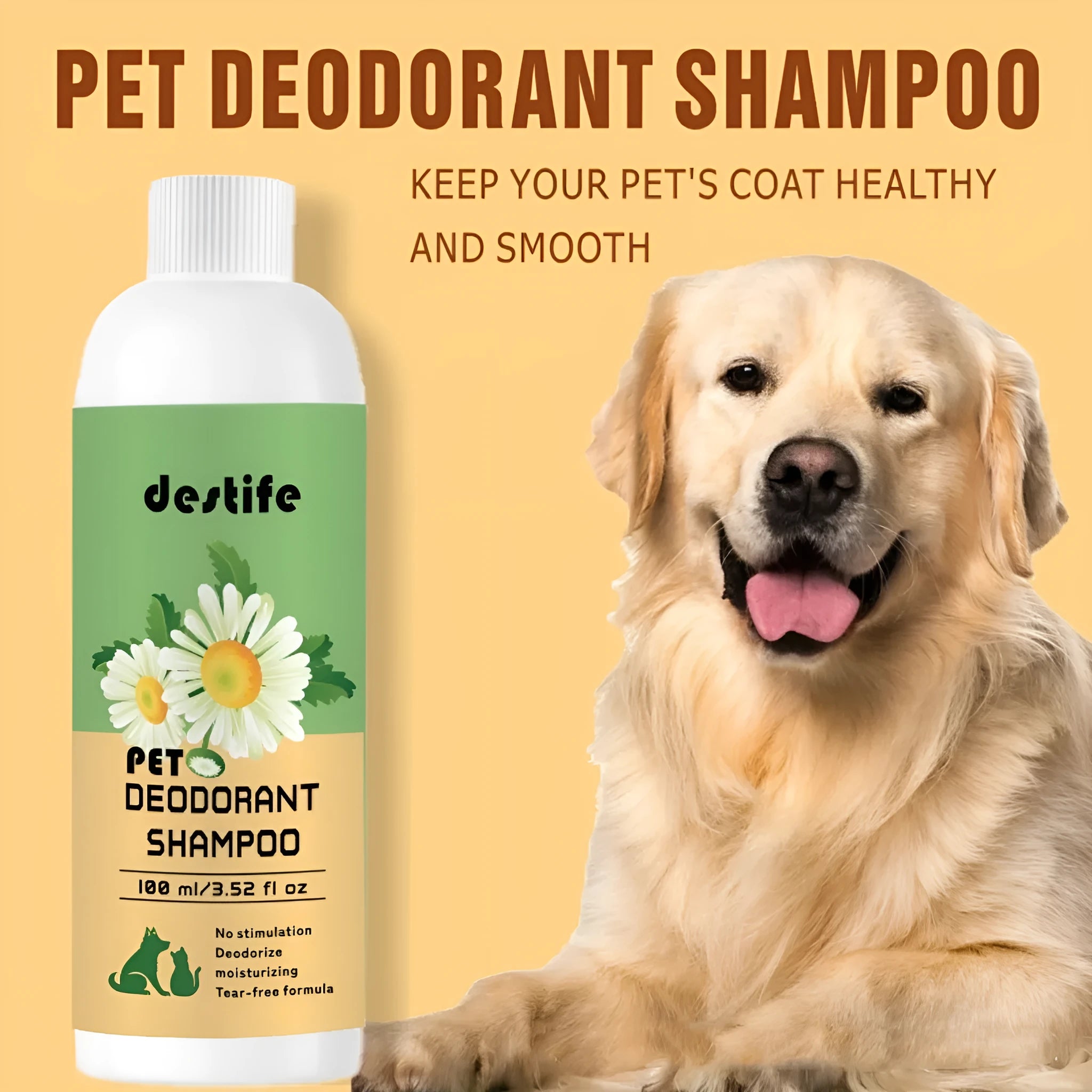 100ml bottle of pet shampoo and shower gel for dogs and cats with fragrance and deodorising formula