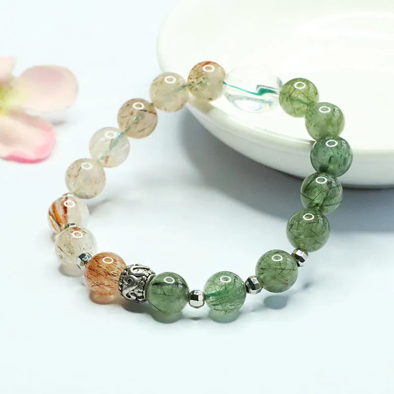 Green quartz rutilated black gold Super Seven bracelet Chinese style 8.5mm
