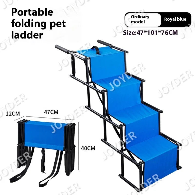 Folding four-step stainless steel dog ladder in navy blue, set up at a car tailgate.