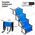 Folding four-step stainless steel dog ladder in navy blue, set up at a car tailgate.
