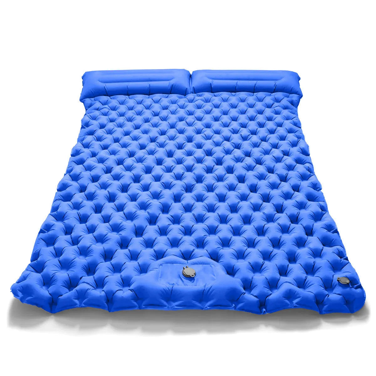 Double camping air mattress inflated, showing widened design and colour options including army green and dark blue.
