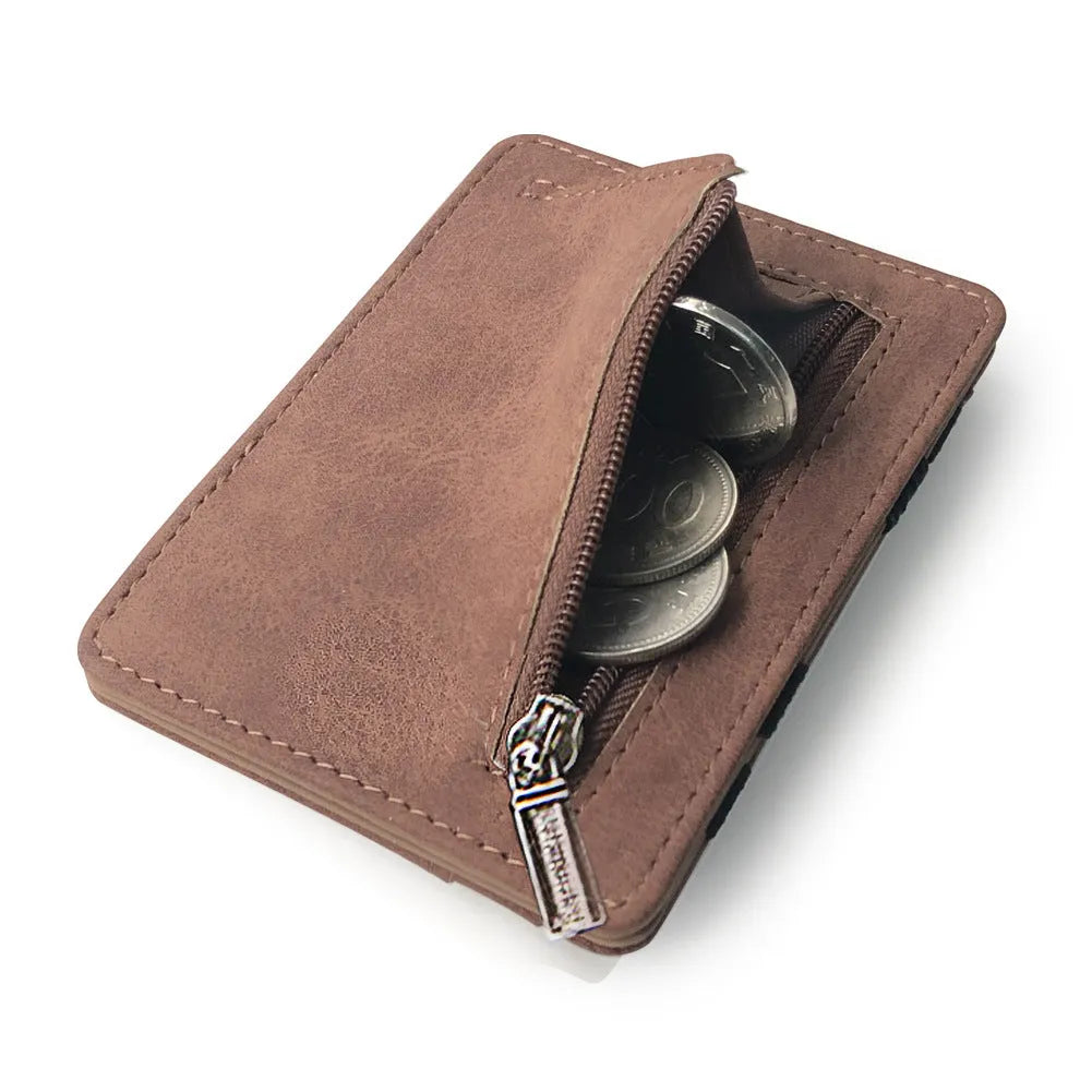 Korean style matte leather magic wallet in horizontal square shape with coin pocket.