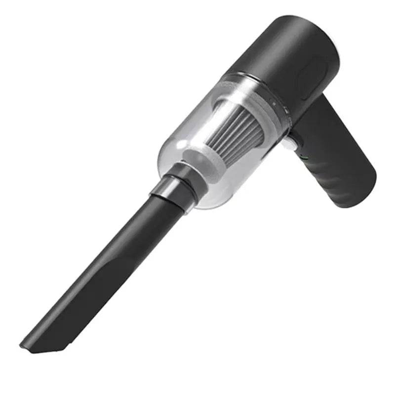 Black handheld wireless car vacuum cleaner with USB charging port