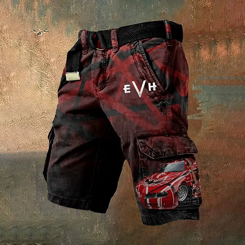 Men's black shorts with 3D digital print design and a full-length zip closure.