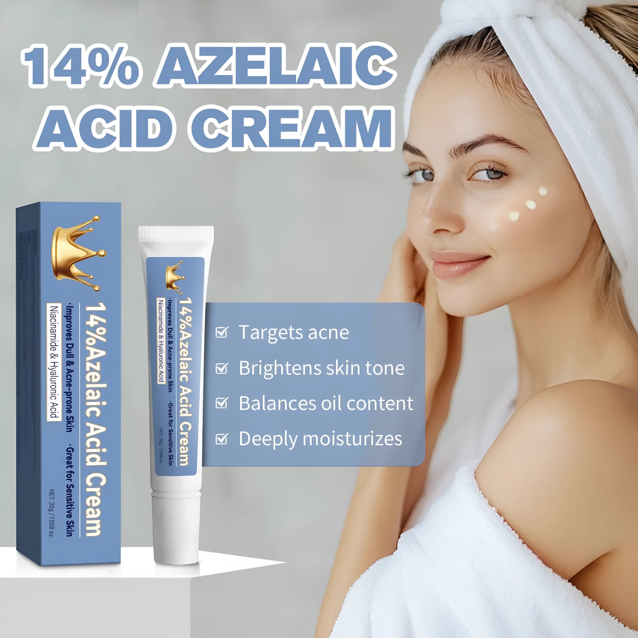 Blue tube of 30g azelaic acid cream with FP-A035 specification code