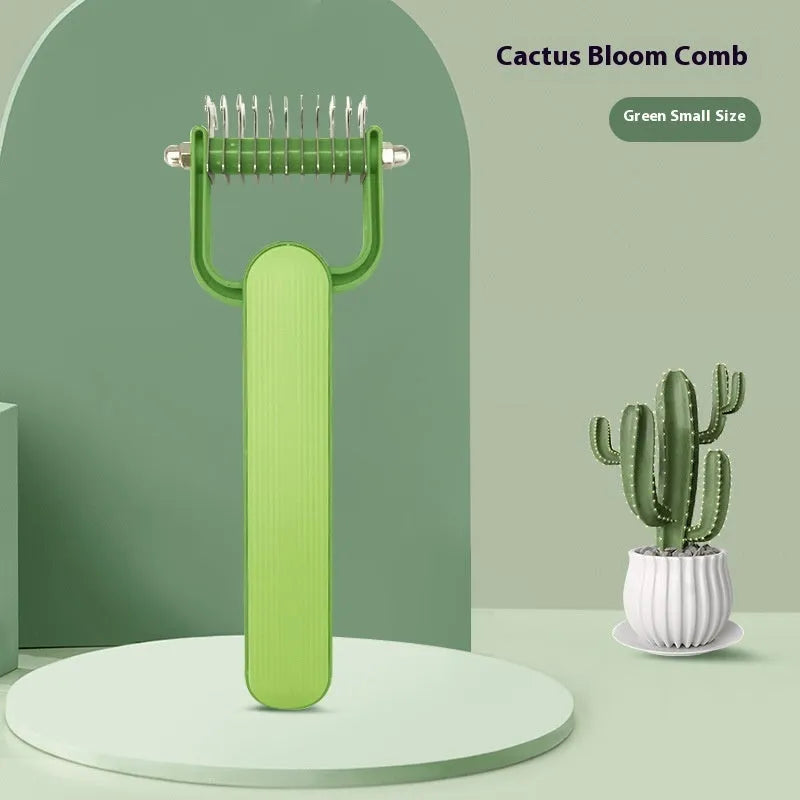 A green or grey dog grooming comb with stainless steel teeth for removing knots, shown in two size options.
