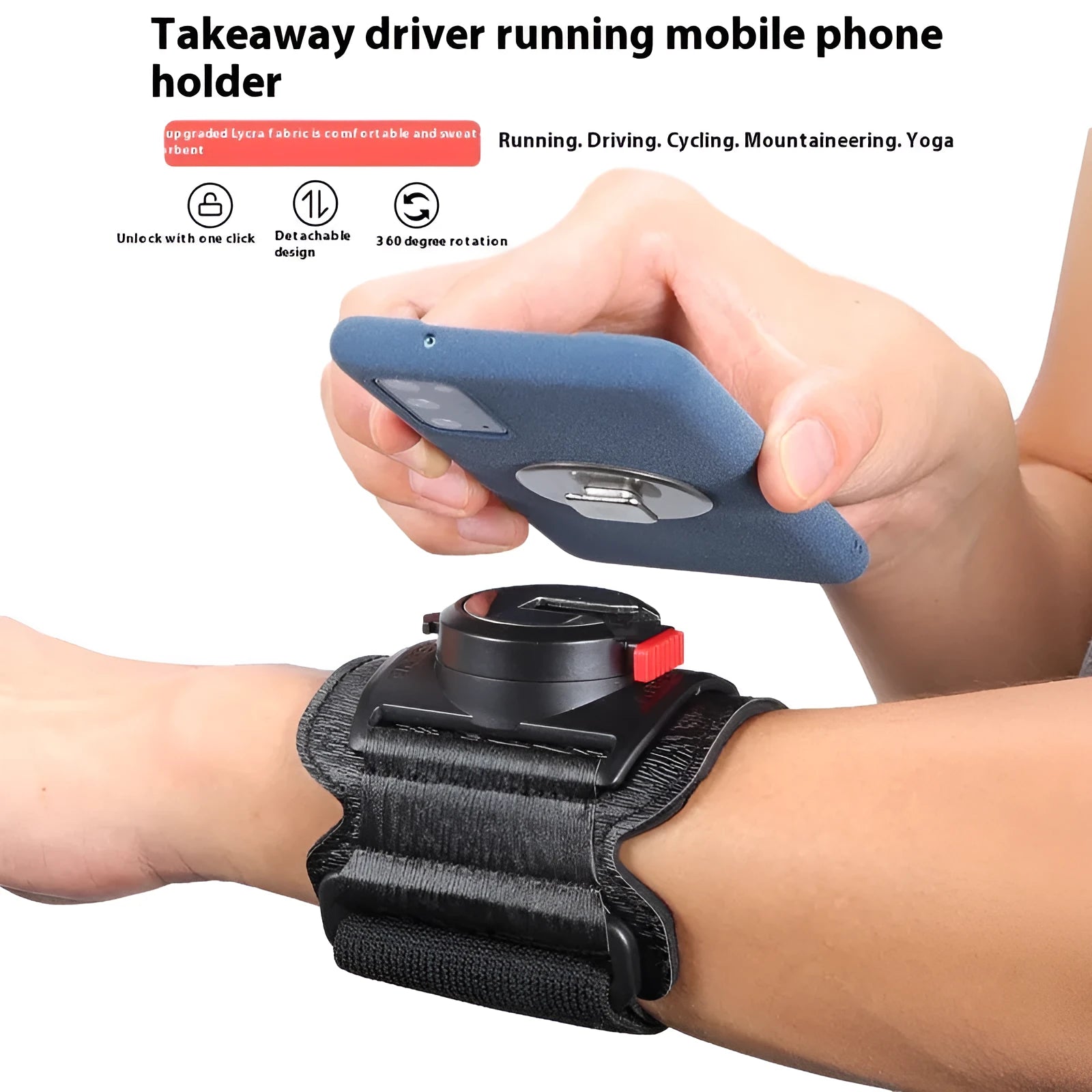 Black mobile phone armband wrist strap for takeaway delivery and sports.