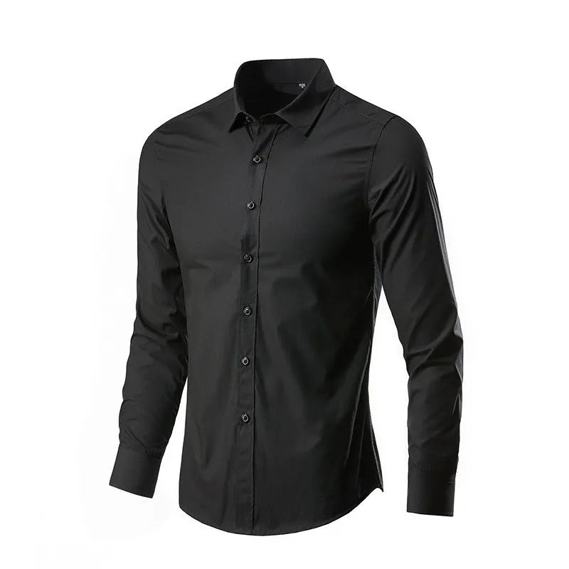 Men's loose-fit linen long-sleeve button-up shirt in a slim casual style on a hanger.
