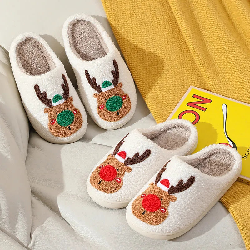 Christmas elk plush house slippers in red and green with anti-slip sole and artificial wool lining