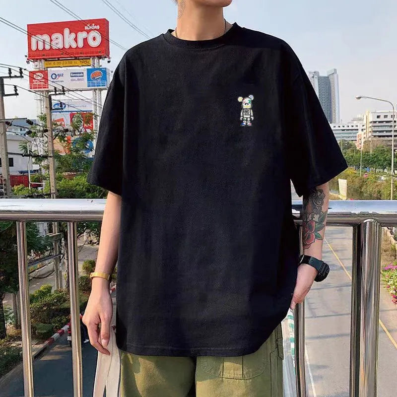 Cotton short sleeve plus size loose round neck print pullover in Faceless Bear Black, front view