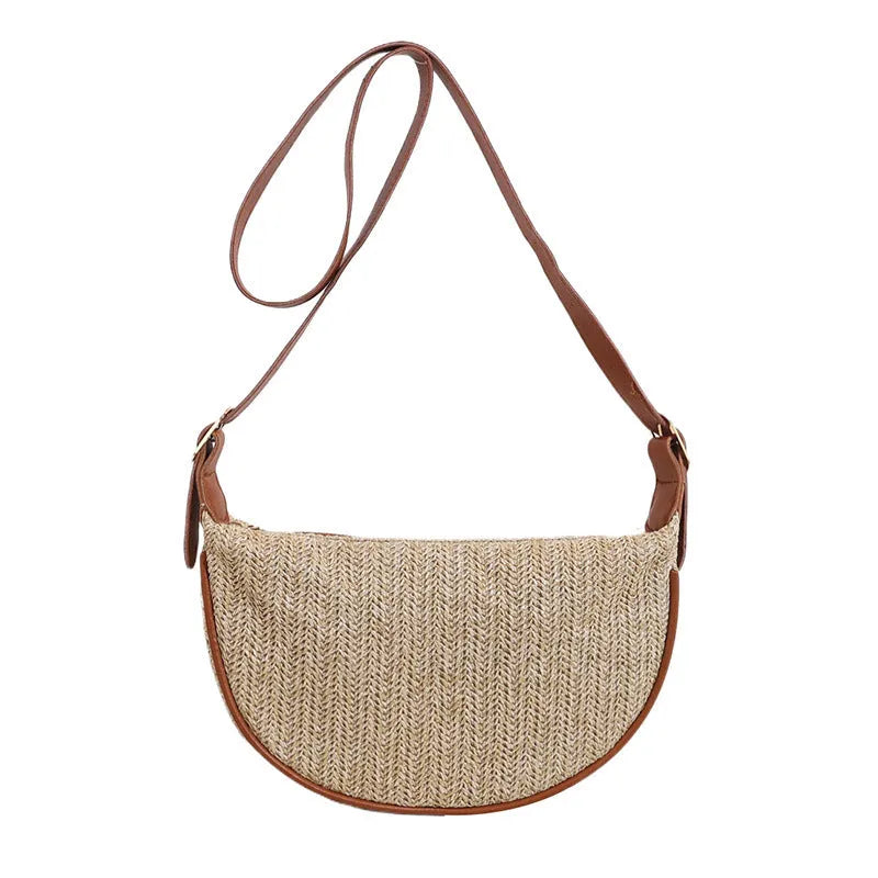 Women's woven straw crossbody bag with internal phone compartment and file storage