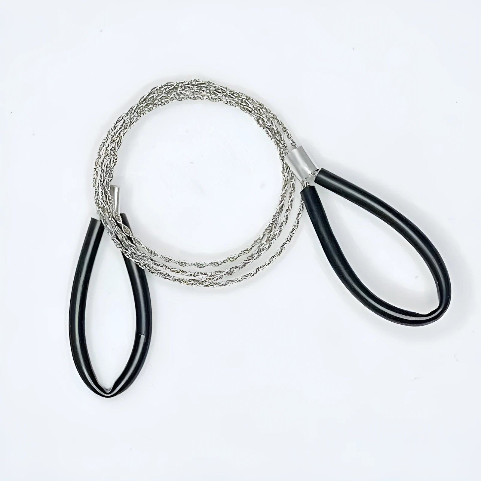 Outdoor survival wire saw with black leather hand case and coiled stainless steel cutting wire.