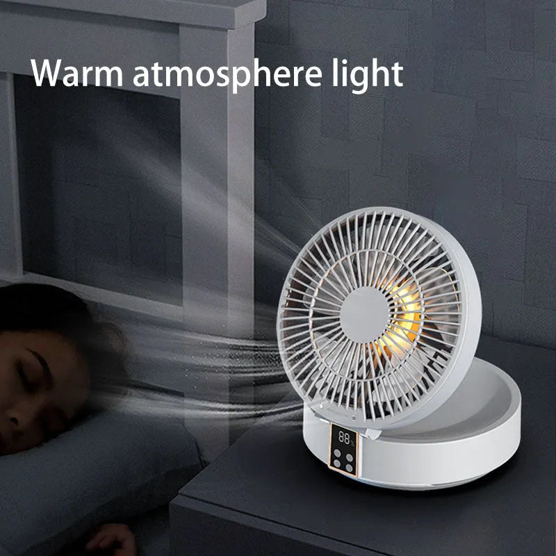 White portable folding fan with remote control showing 90° adjustable head and USB charging port