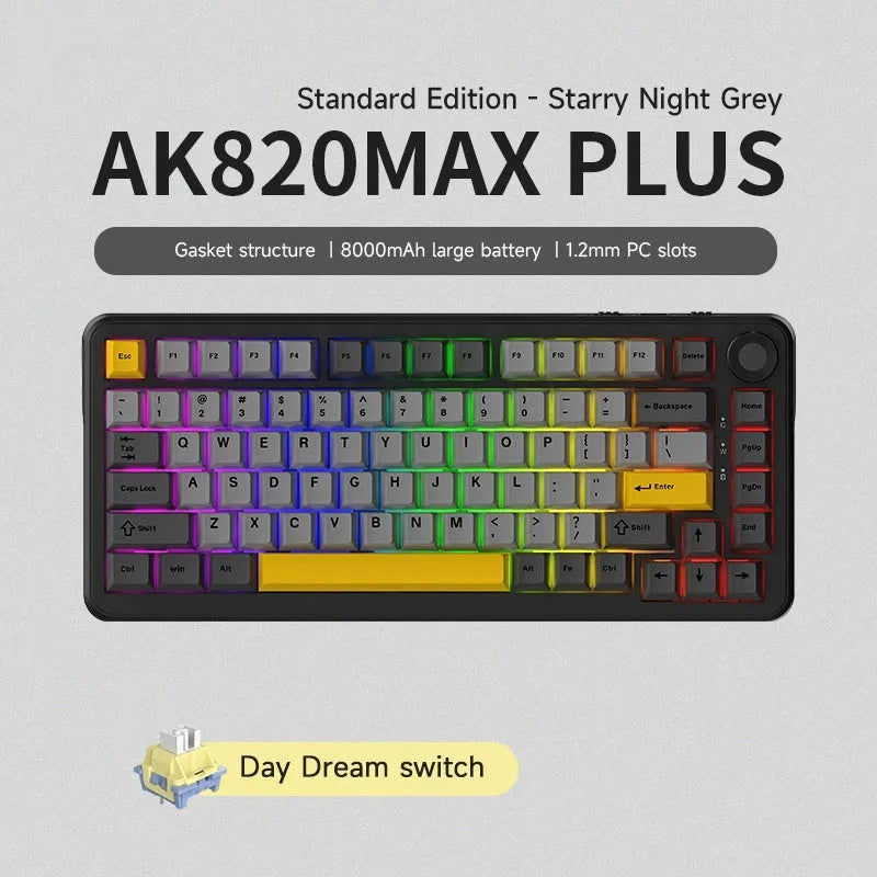 Black, grey and yellow mechanical keyboard with compact design and wireless connectivity options