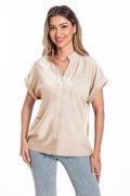 Women's stand collar button front short sleeve top in loose fit polyester with raglan sleeves