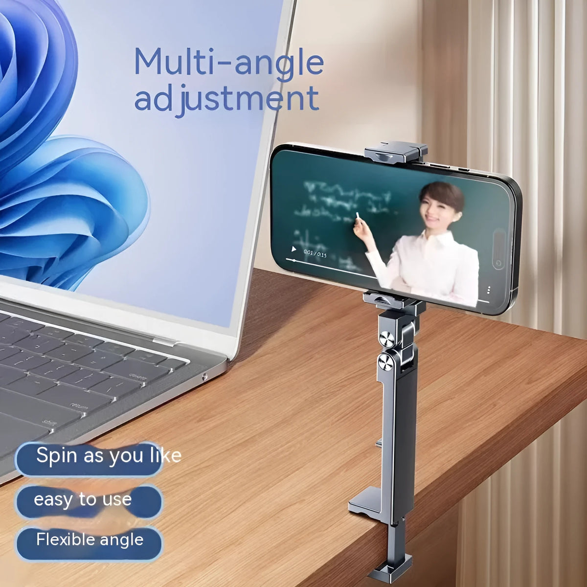 Silver aluminium alloy portable foldable clip lazy phone holder on a desk