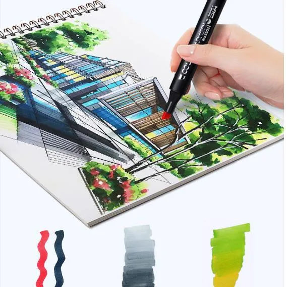 Set of double-headed alcohol marker pens with round and chisel tips for professional art and design work.