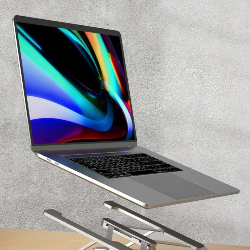 Collapsible aluminium alloy laptop cooling rack folded flat in silver color, 266mm long, with style A1 design