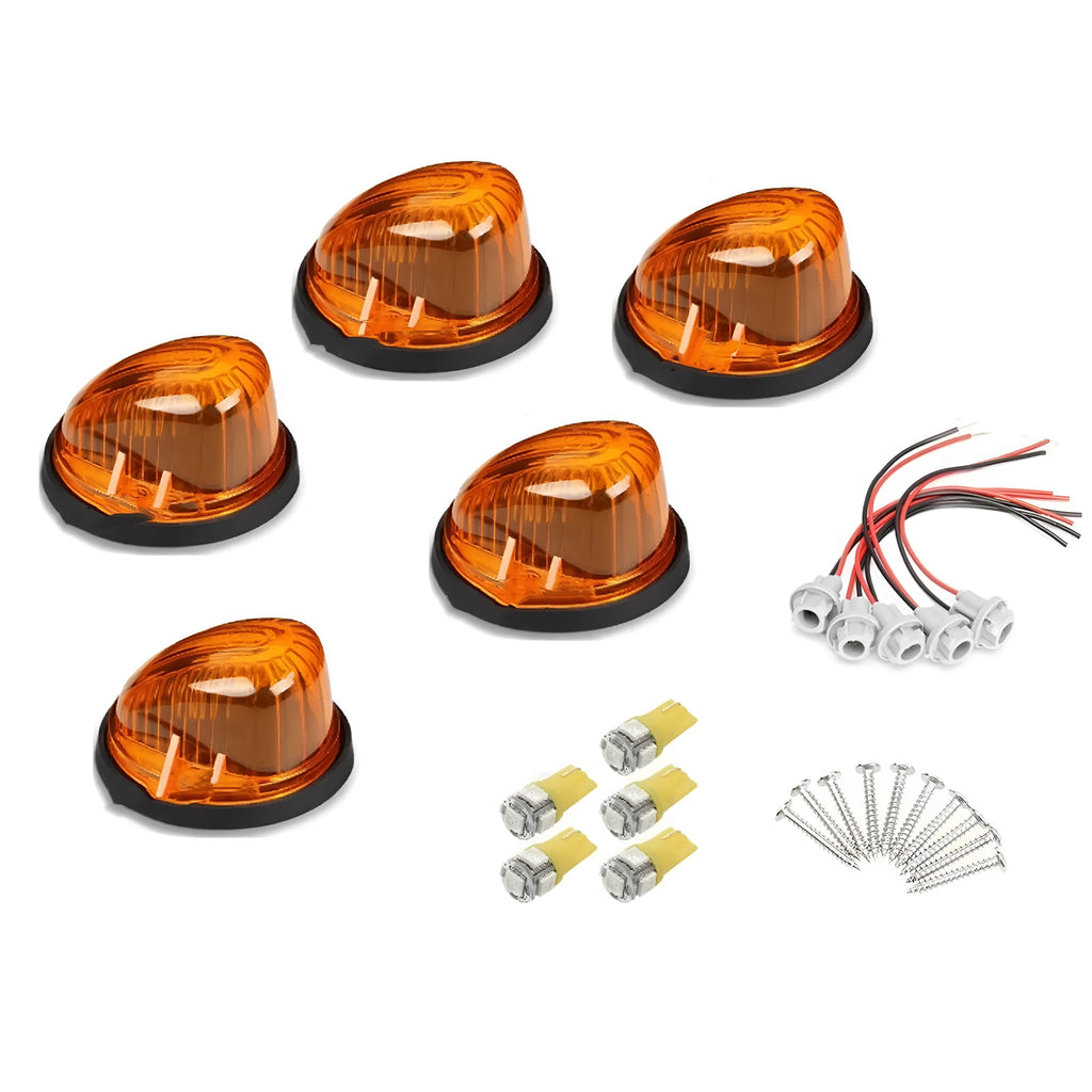 Five GR-model LED cab marker lights with yellow, transparent, and smoked black PC lenses, T10 bulbs, and mounting screws.