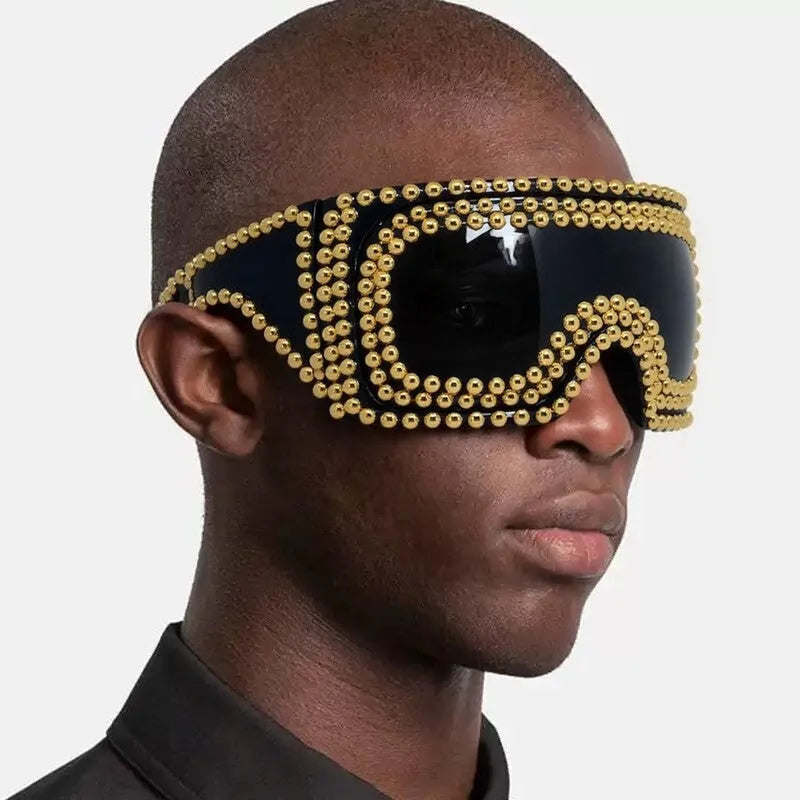 Men's silver punk sunglasses with wide square frame and metal rivet details on the arms.