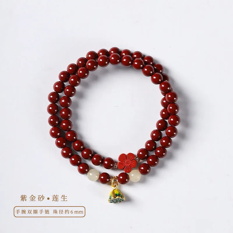 Close-up of a purple gold sand women's bracelet with 6mm beads in a double circle, hand-woven design featuring lotus seedpod elements.