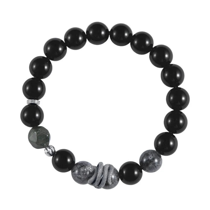 Men's S925 sterling silver bracelet with obsidian black crystal and retro snake design